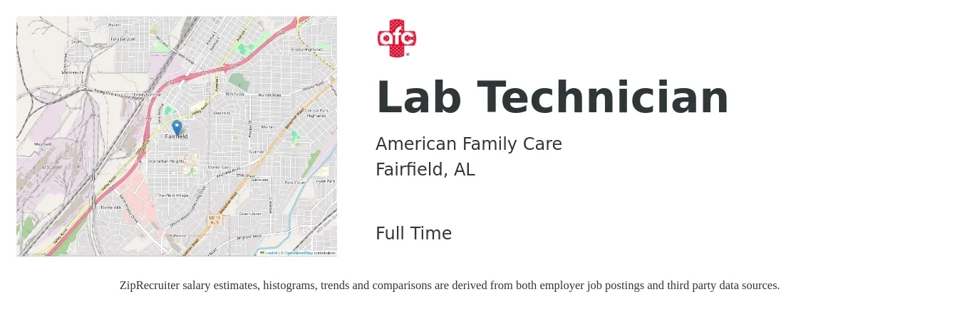American Family Care job posting for a Lab Technician in Fairfield, AL with a salary of $18 to $24 Hourly with a map of Fairfield location.