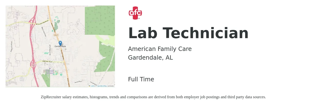 American Family Care job posting for a Lab Technician in Gardendale, AL with a salary of $17 to $23 Hourly with a map of Gardendale location.