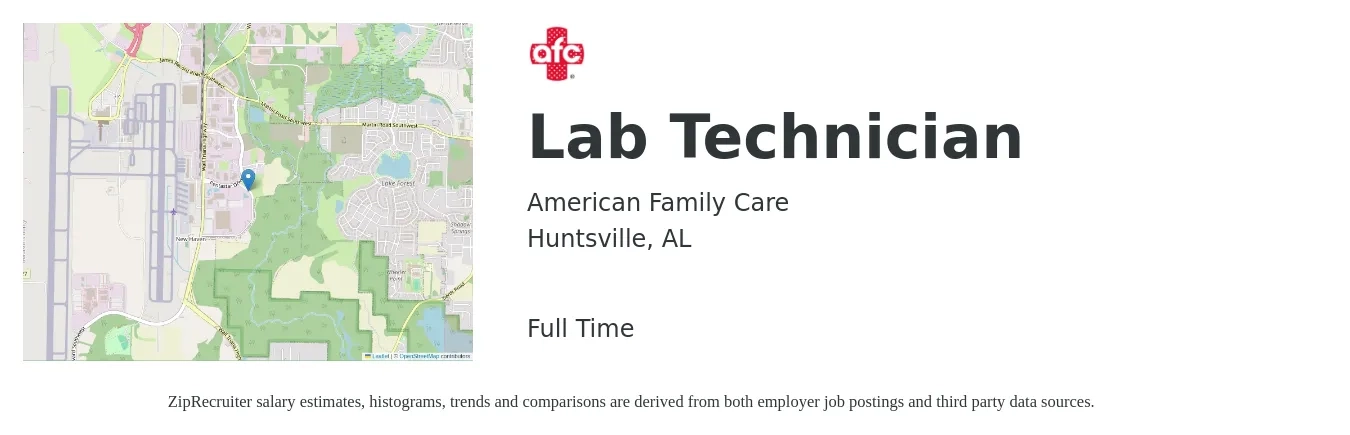 American Family Care job posting for a Lab Technician in Huntsville, AL with a salary of $19 to $25 Hourly with a map of Huntsville location.