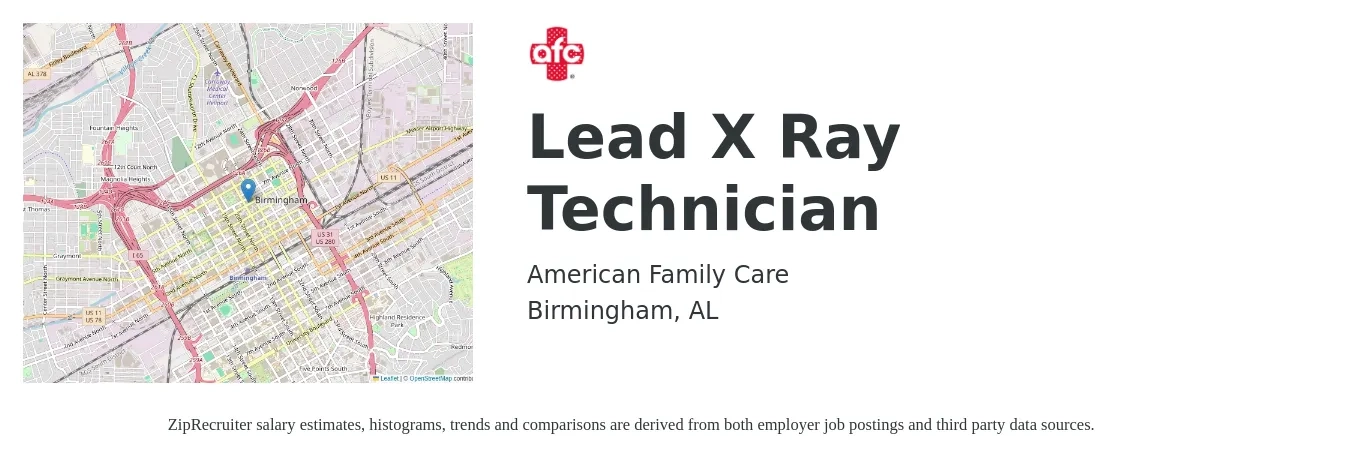 American Family Care job posting for a Lead X Ray Technician in Birmingham, AL with a salary of $1,700 to $2,440 Weekly with a map of Birmingham location.