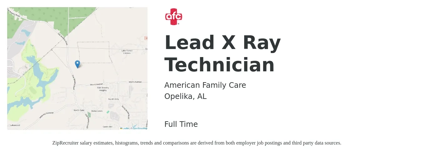 American Family Care job posting for a Lead X Ray Technician in Opelika, AL with a salary of $1,560 to $2,240 Weekly with a map of Opelika location.