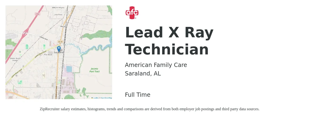American Family Care job posting for a Lead X Ray Technician in Saraland, AL with a salary of $1,540 to $2,210 Weekly with a map of Saraland location.