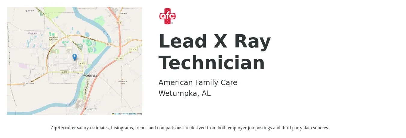 American Family Care job posting for a Lead X Ray Technician in Wetumpka, AL with a salary of $1,620 to $2,320 Weekly with a map of Wetumpka location.