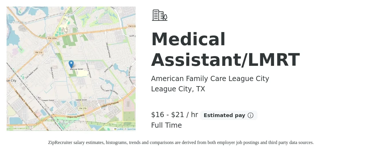 American Family Care League City job posting for a Medical Assistant/LMRT in League City, TX with a salary of $17 to $22 Hourly with a map of League City location.