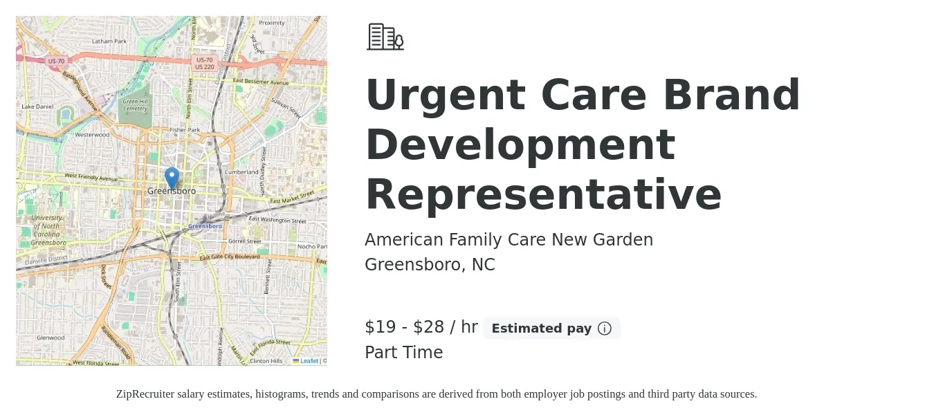 American Family Care New Garden job posting for a Urgent Care Brand Development Representative in Greensboro, NC with a salary of $20 to $30 Hourly with a map of Greensboro location.