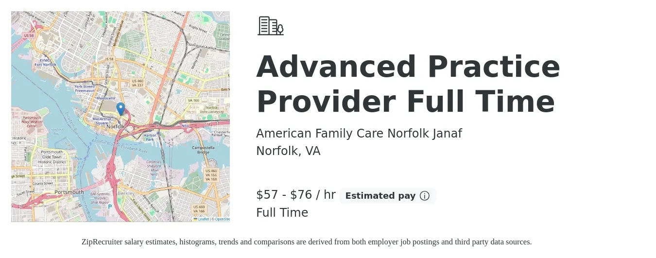American Family Care Norfolk Janaf job posting for a Advanced Practice Provider Full Time in Norfolk, VA with a salary of $60 to $80 Hourly with a map of Norfolk location.