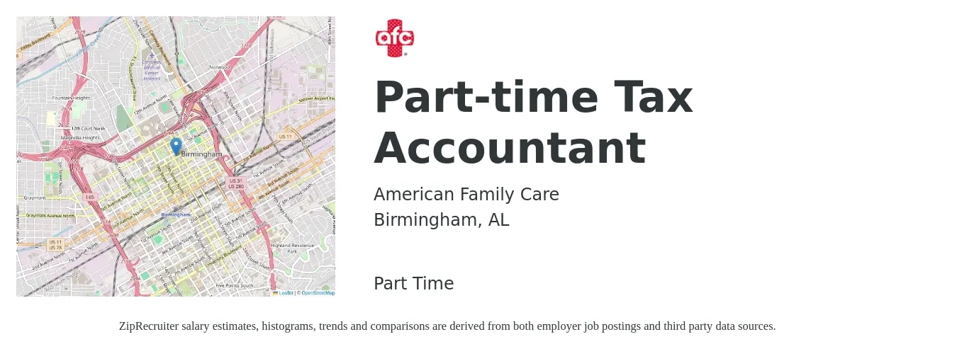 American Family Care job posting for a Part-time Tax Accountant in Birmingham, AL with a salary of $56,100 to $80,600 Yearly with a map of Birmingham location.