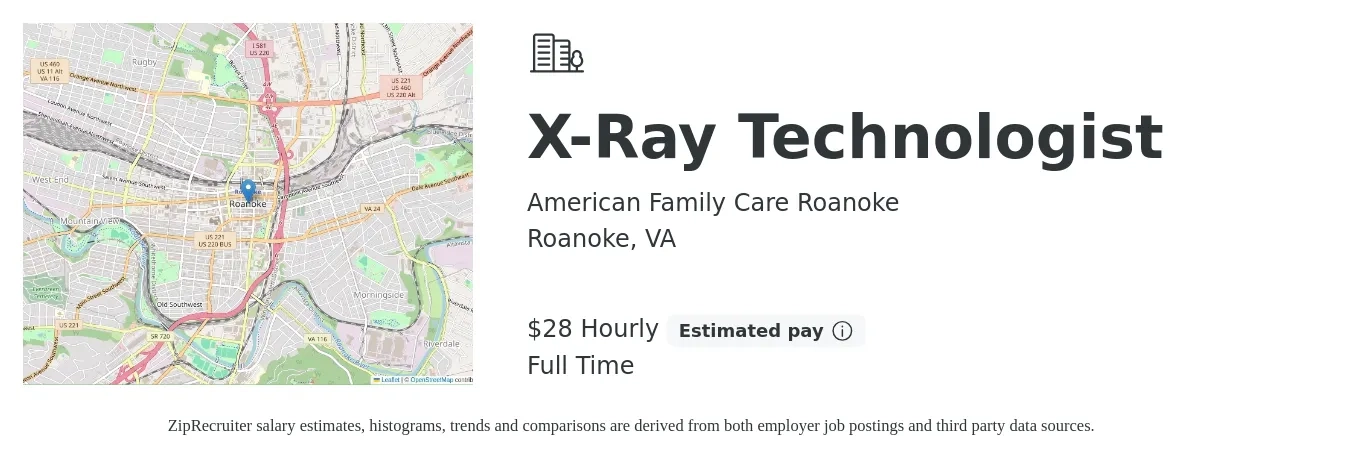 American Family Care Roanoke job posting for a X-Ray Technologist in Roanoke, VA with a salary of $25 Hourly with a map of Roanoke location.