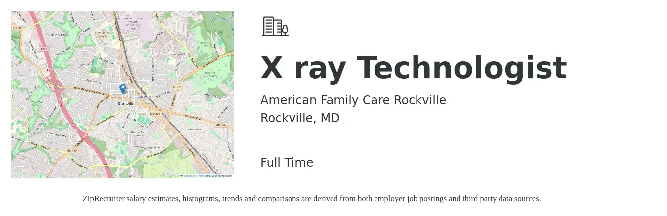 American Family Care Rockville job posting for a X ray Technologist in Rockville, MD with a salary of $1,270 to $2,230 Weekly with a map of Rockville location.
