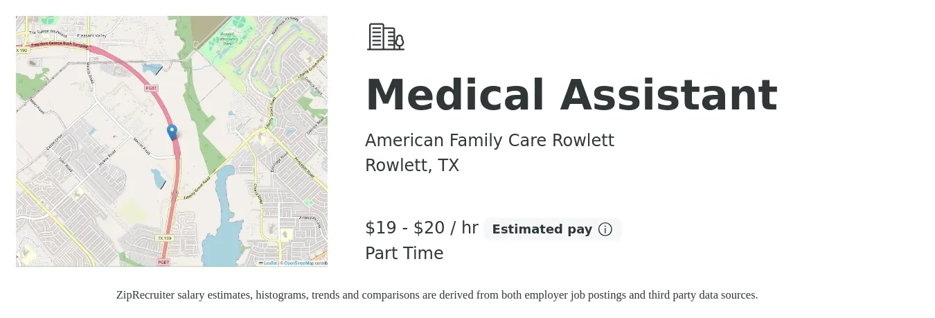 American Family Care Rowlett job posting for a Medical assistant in Rowlett, TX with a salary of $20 Hourly with a map of Rowlett location.
