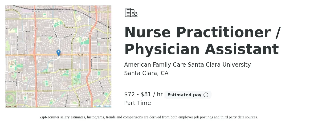 American Family Care Santa Clara University job posting for a Nurse Practitioner / Physician Assistant in Santa Clara, CA with a salary of $75 to $85 Hourly with a map of Santa Clara location.