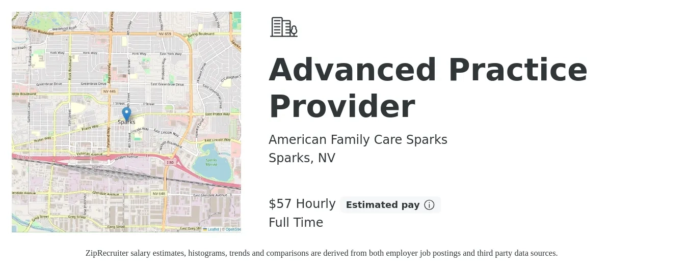 American Family Care Sparks job posting for a Advanced Practice Provider in Sparks, NV with a salary of $60 Hourly with a map of Sparks location.