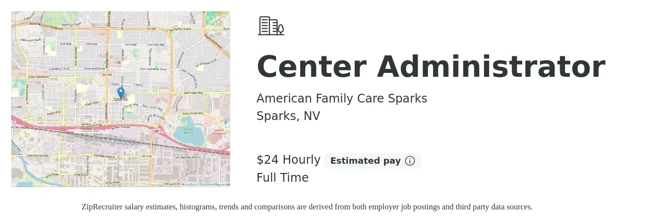 American Family Care Sparks job posting for a Center Administrator in Sparks, NV with a salary of $25 Hourly with a map of Sparks location.
