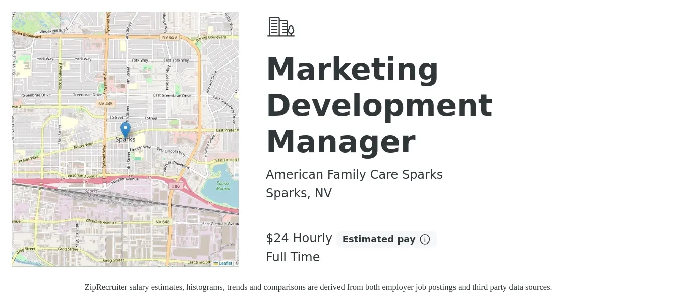 American Family Care Sparks job posting for a Marketing Development Manager in Sparks, NV with a salary of $25 Hourly with a map of Sparks location.