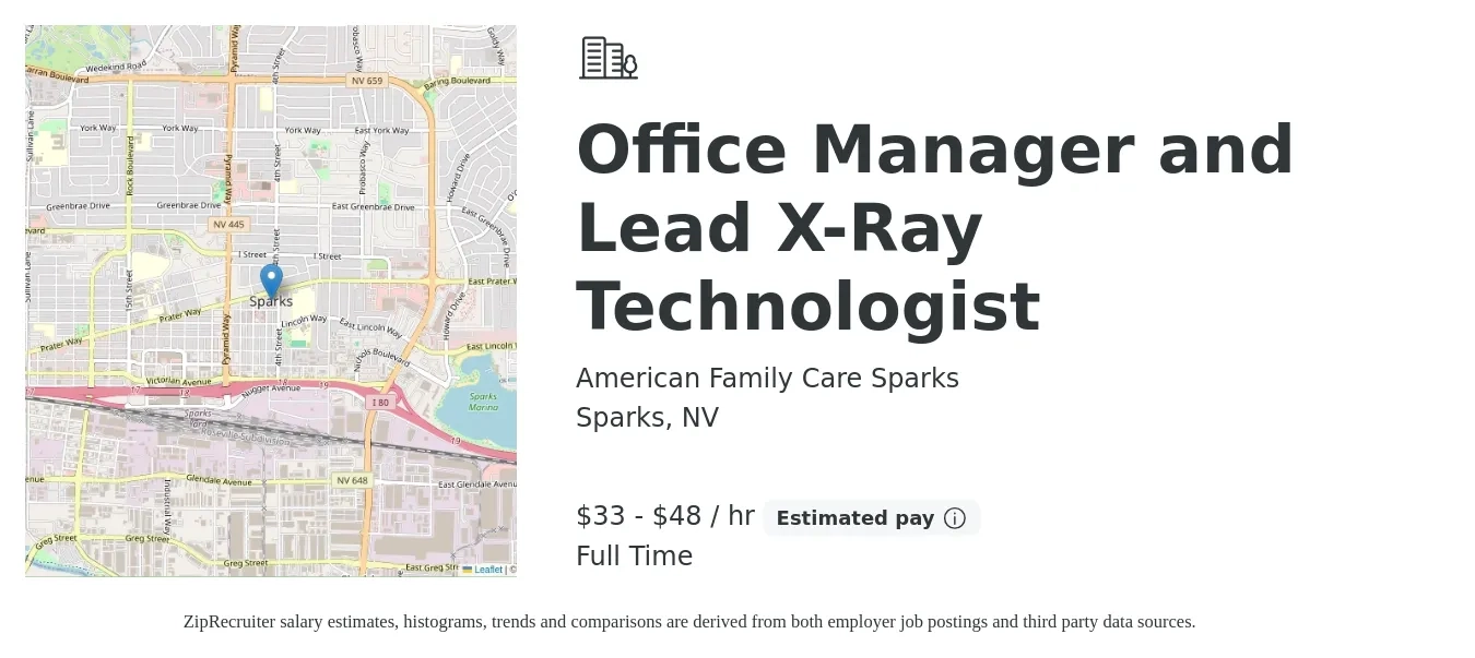 American Family Care Sparks job posting for a Office Manager and Lead X-Ray Technologist in Sparks, NV with a salary of $35 to $50 Hourly with a map of Sparks location.