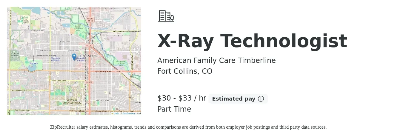 American Family Care Timberline job posting for a X-Ray Technologist in Fort Collins, CO with a salary of $32 to $35 Hourly with a map of Fort Collins location.