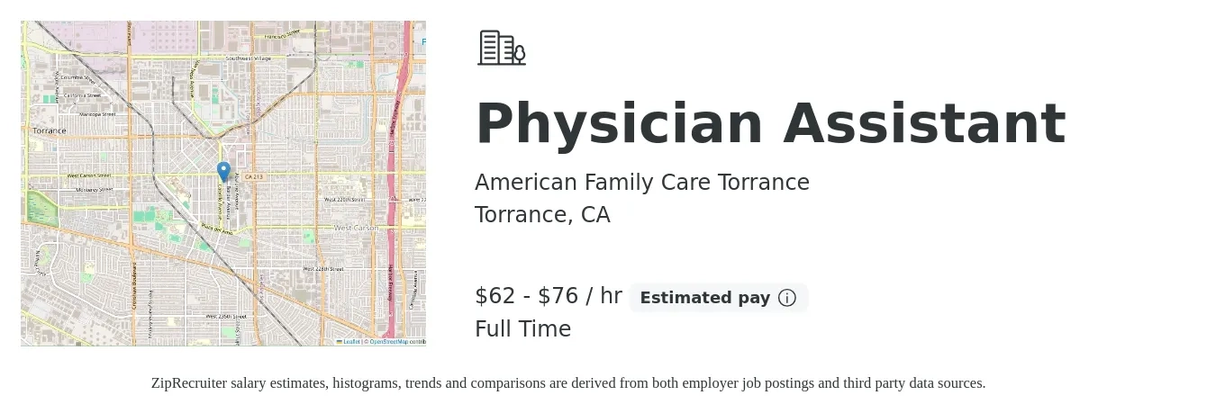 American Family Care Torrance job posting for a Physician Assistant in Torrance, CA with a salary of $65 to $80 Hourly with a map of Torrance location.
