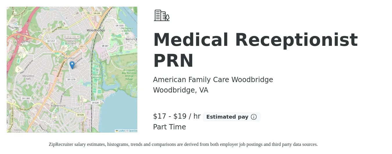 American Family Care Woodbridge job posting for a Medical Receptionist PRN in Woodbridge, VA with a salary of $18 to $20 Hourly with a map of Woodbridge location.