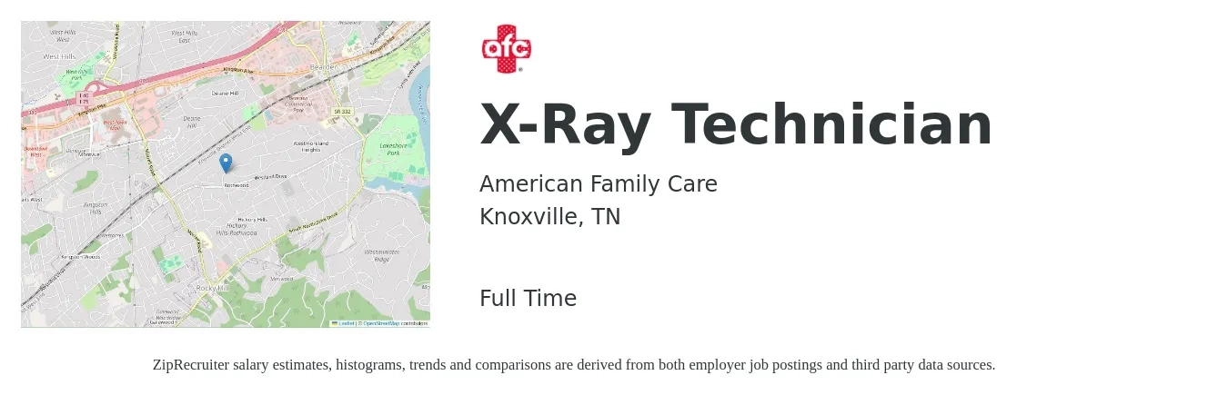 American Family Care job posting for a X-Ray Technician in Knoxville, TN with a salary of $1,730 to $2,480 Weekly with a map of Knoxville location.