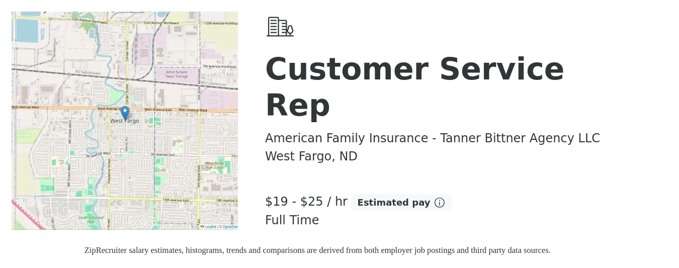 American Family Insurance - Tanner Bittner Agency LLC job posting for a Customer Service Rep in West Fargo, ND with a salary of $20 to $27 Hourly with a map of West Fargo location.