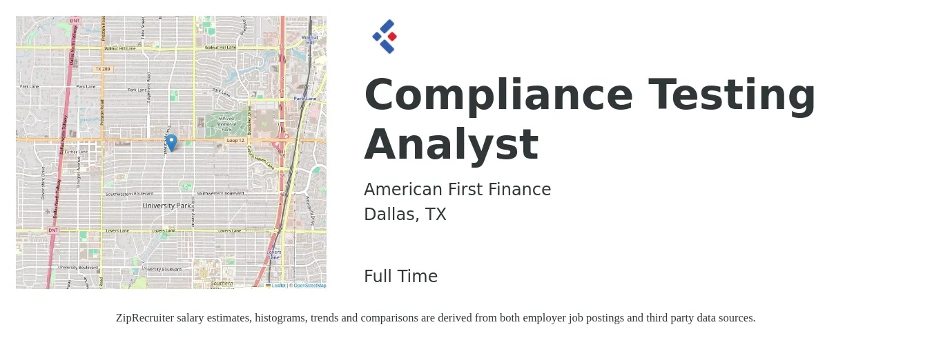 American First Finance job posting for a Compliance Testing Analyst in Dallas, TX with a salary of $24 to $45 Hourly with a map of Dallas location.