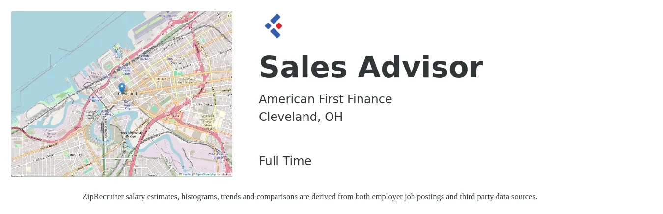 American First Finance job posting for a Sales Advisor in Cleveland, OH with a salary of $19 to $31 Hourly with a map of Cleveland location.