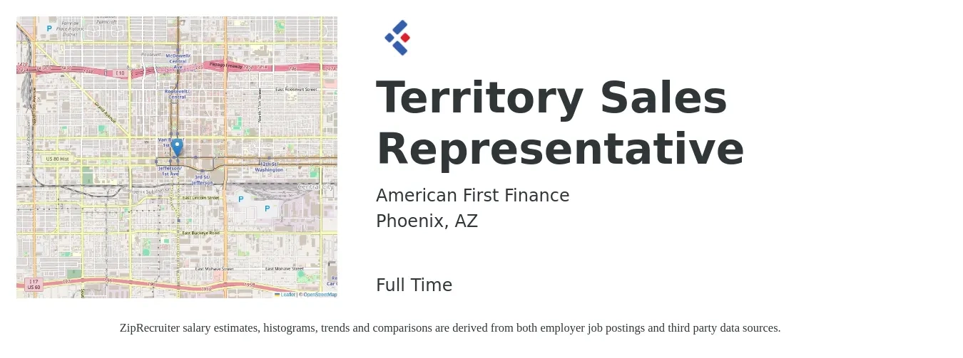 American First Finance job posting for a Territory Sales Representative in Phoenix, AZ with a salary of $200,000 Yearly with a map of Phoenix location.