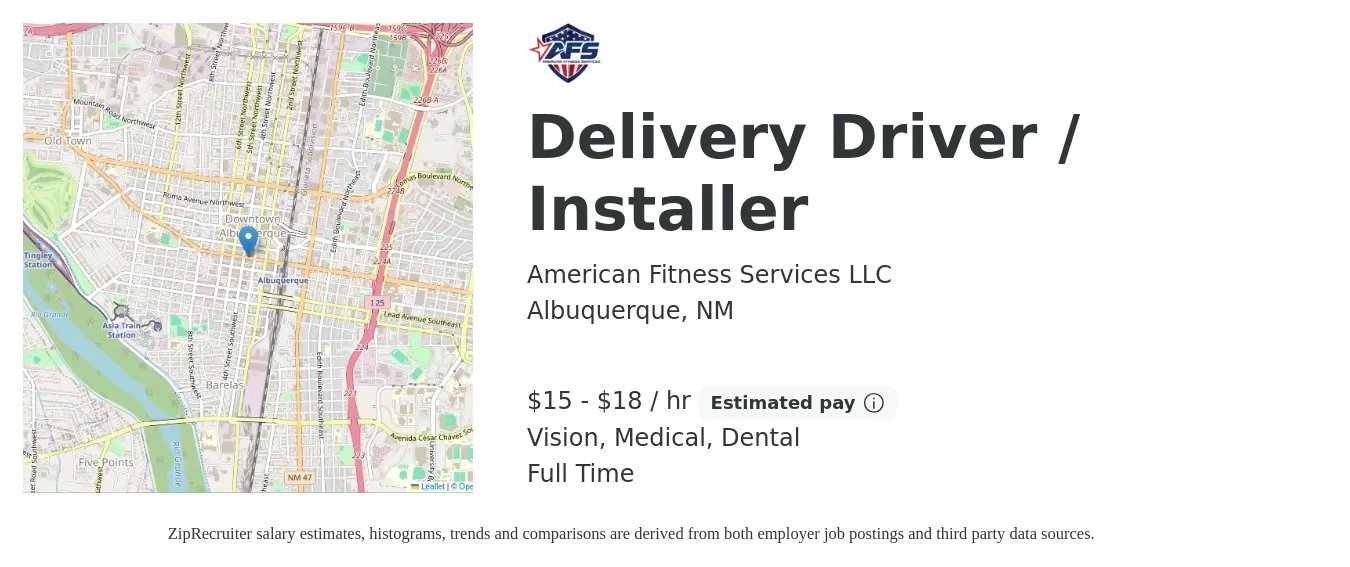 American Fitness Services LLC job posting for a Delivery Driver / Installer in Albuquerque, NM with a salary of $16 to $19 Hourly and benefits including vision, dental, and medical with a map of Albuquerque location.