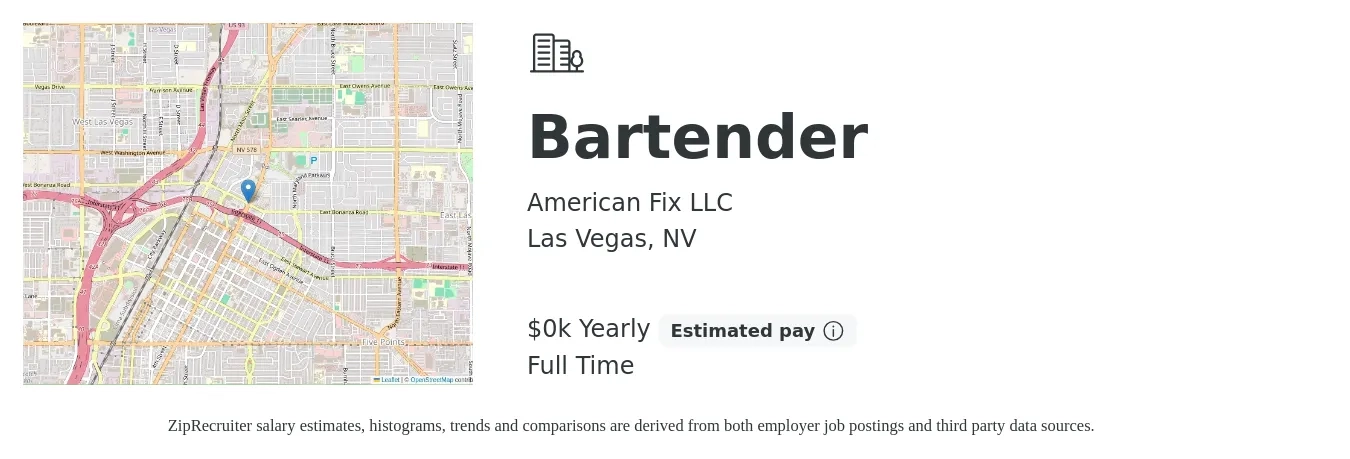 American Fix LLC job posting for a Bartender in Las Vegas, NV with a salary of $17 Yearly with a map of Las Vegas location.