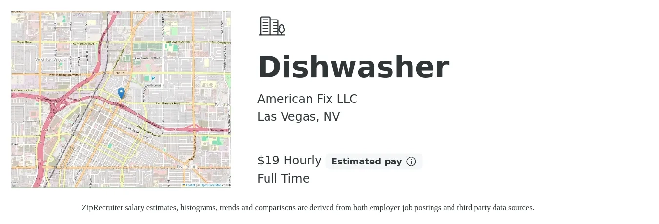 American Fix LLC job posting for a Dishwasher in Las Vegas, NV with a salary of $20 Hourly with a map of Las Vegas location.