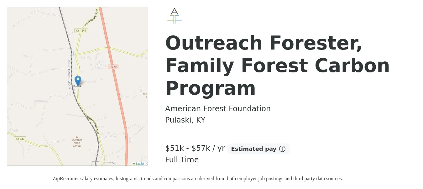 American Forest Foundation job posting for a Outreach Forester, Family Forest Carbon Program in Pulaski, KY with a salary of $51,930 to $57,700 Yearly with a map of Pulaski location.