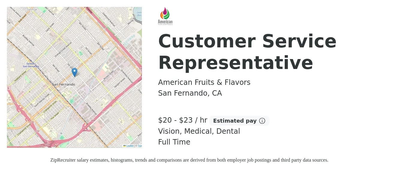 American Fruits & Flavors job posting for a Customer Service Representative in San Fernando, CA with a salary of $21 to $24 Hourly and benefits including dental, life_insurance, medical, retirement, and vision with a map of San Fernando location.