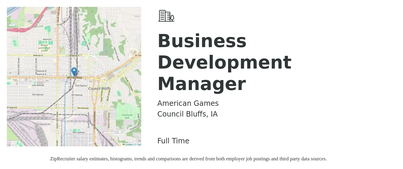 American Games job posting for a Business Development Manager in Council Bluffs, IA with a salary of $56,900 to $93,300 Yearly with a map of Council Bluffs location.