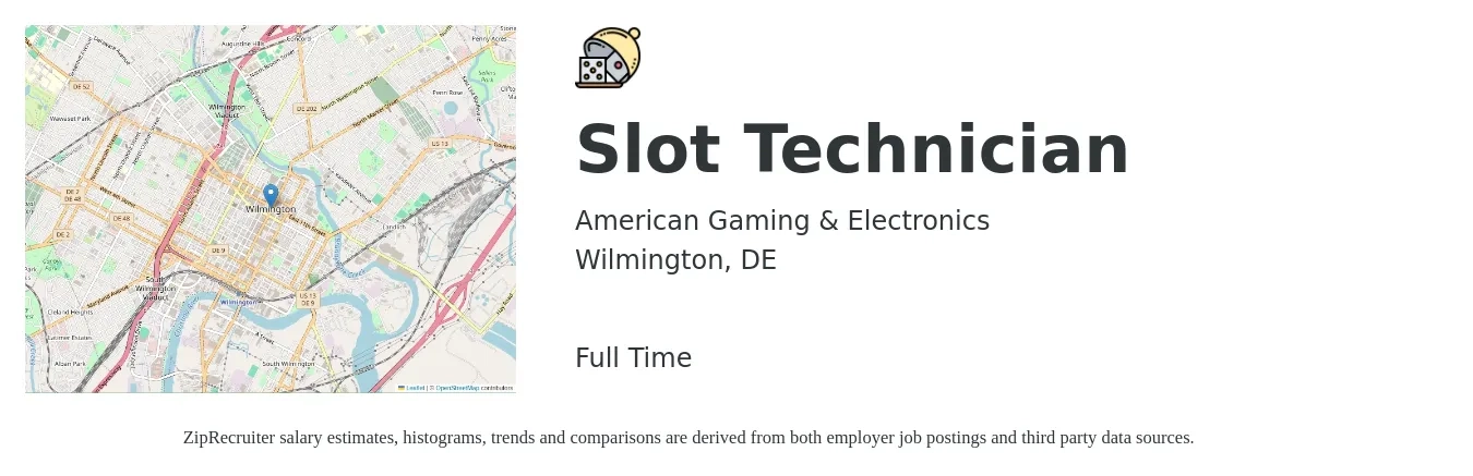American Gaming & Electronics job posting for a Slot Technician in Wilmington, DE with a salary of $16 to $23 Hourly and benefits including retirement with a map of Wilmington location.