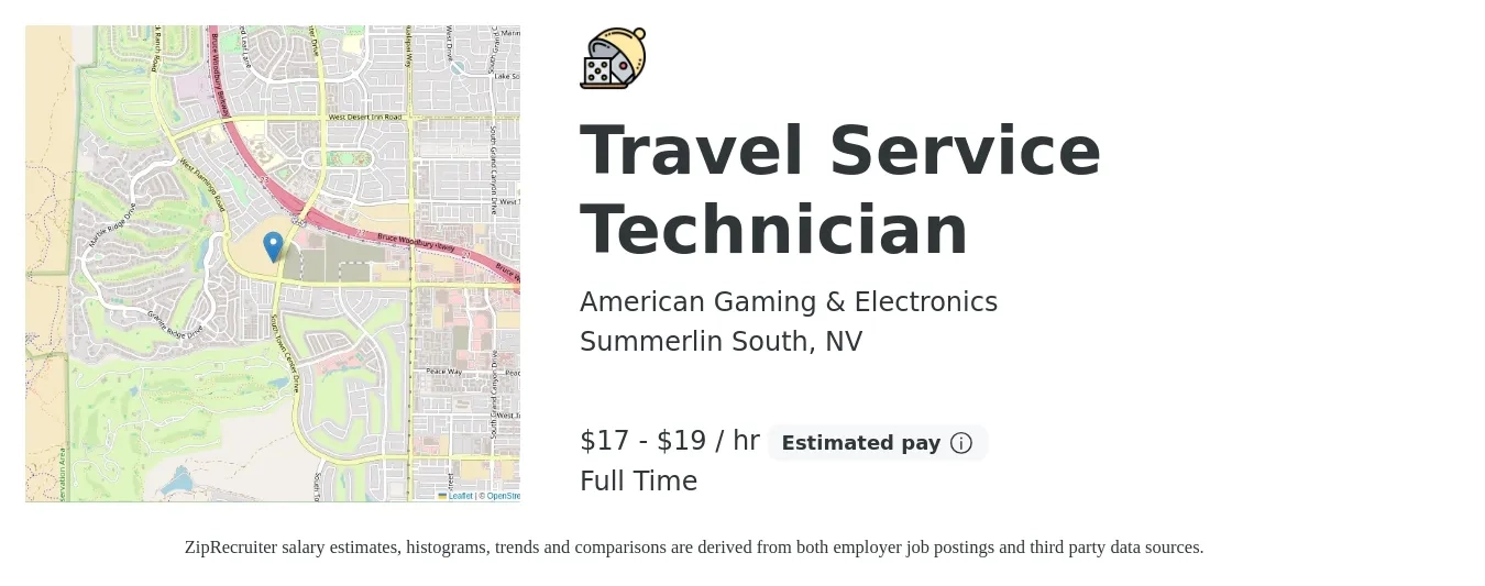 American Gaming & Electronics job posting for a Travel Service Technician in Summerlin South, NV with a salary of $18 to $20 Hourly and benefits including retirement, and life_insurance with a map of Summerlin South location.