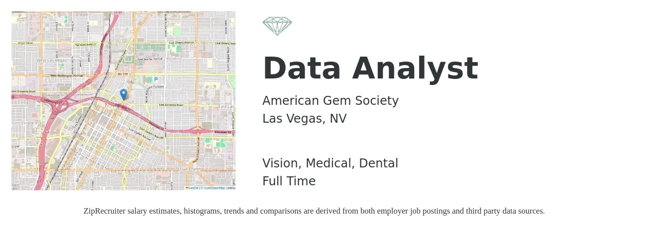 American Gem Society job posting for a Data Analyst in Las Vegas, NV with a salary of $59,700 to $92,600 Yearly and benefits including dental, life_insurance, medical, pto, retirement, and vision with a map of Las Vegas location.