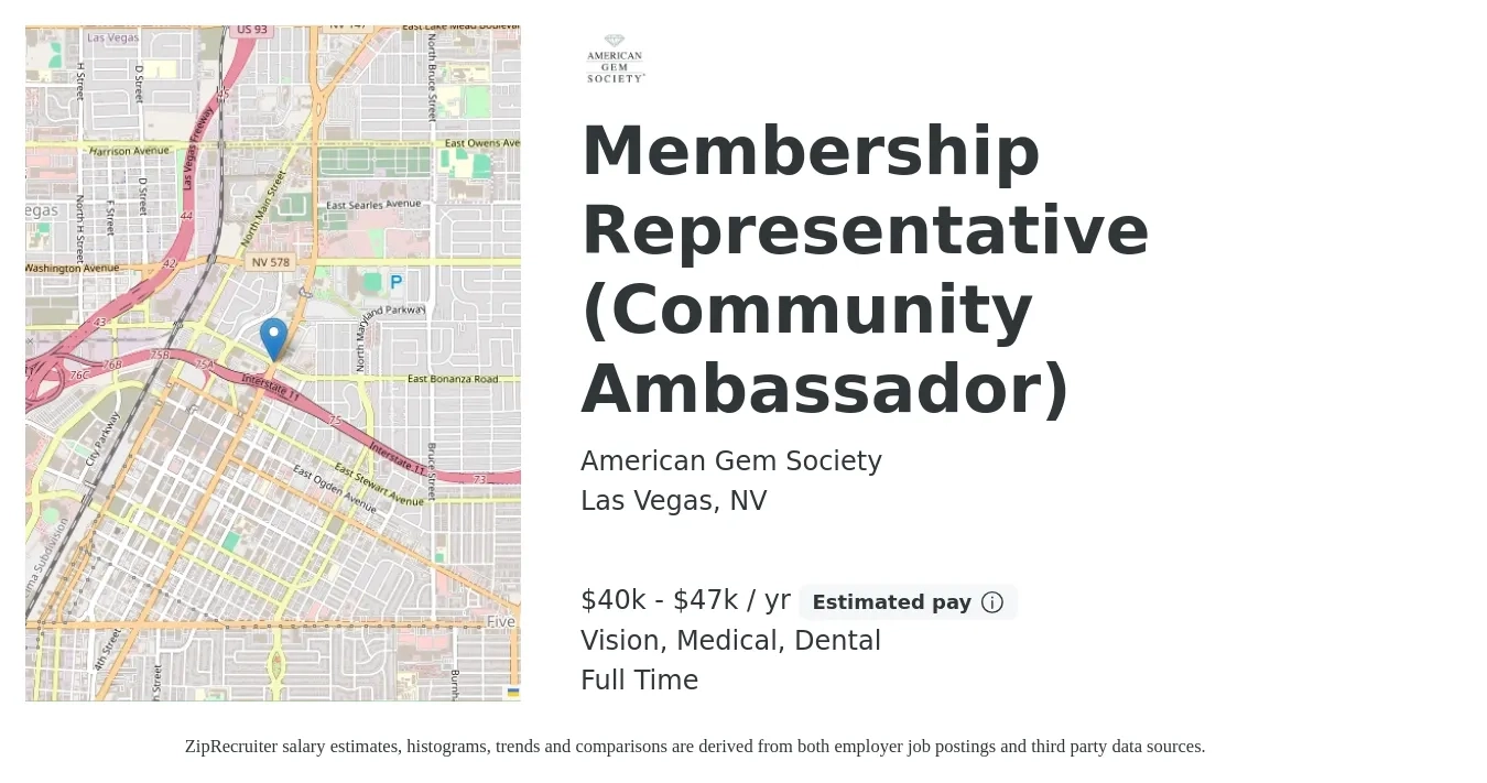 American Gem Society job posting for a Membership Representative (Community Ambassador) in Las Vegas, NV with a salary of $14 to $19 Hourly and benefits including dental, life_insurance, medical, pto, retirement, and vision with a map of Las Vegas location.