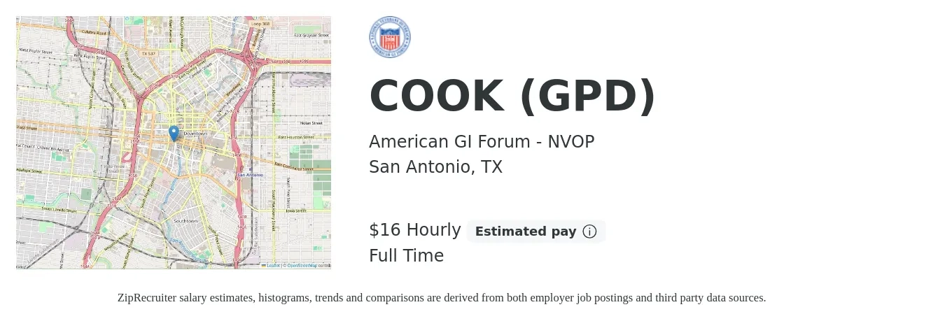 American GI Forum - NVOP job posting for a COOK (GPD) in San Antonio, TX with a salary of $17 Hourly with a map of San Antonio location.