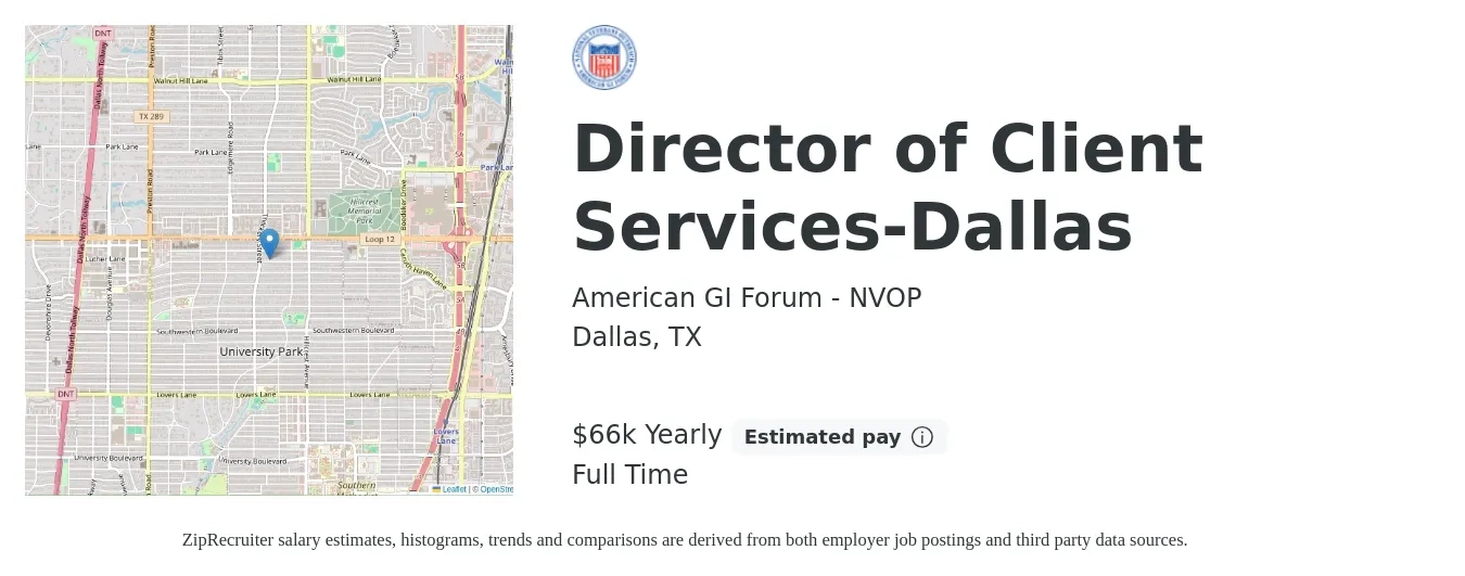 American GI Forum - NVOP job posting for a Director of Client Services-Dallas in Dallas, TX with a salary of $66,150 Yearly with a map of Dallas location.