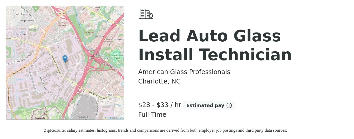 American Glass Professionals job posting for a Lead Auto Glass Install Technician in Charlotte, NC with a salary of $30 to $35 Hourly with a map of Charlotte location.