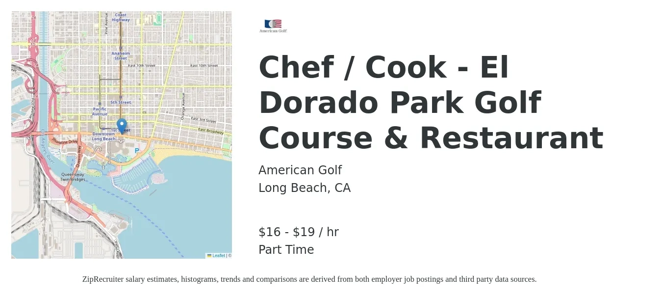 American Golf job posting for a Chef / Cook - El Dorado Park Golf Course & Restaurant in Long Beach, CA with a salary of $17 to $20 Hourly with a map of Long Beach location.