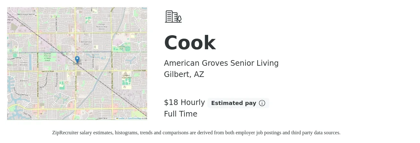 American Groves Senior Living job posting for a Cook in Gilbert, AZ with a salary of $19 Hourly with a map of Gilbert location.