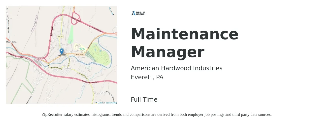 American Hardwood Industries job posting for a Maintenance Manager in Everett, PA with a salary of $22 to $37 Hourly with a map of Everett location.