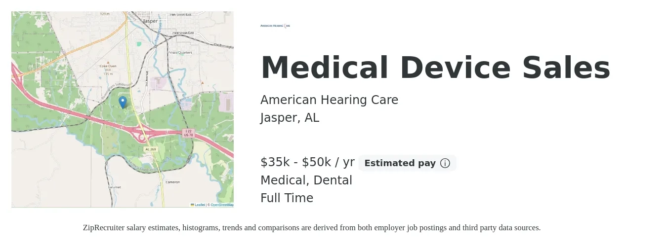 American Hearing Care job posting for a Medical Device Sales in Jasper, AL with a salary of $35,000 to $50,000 Yearly (plus commission) and benefits including dental, medical, and retirement with a map of Jasper location.