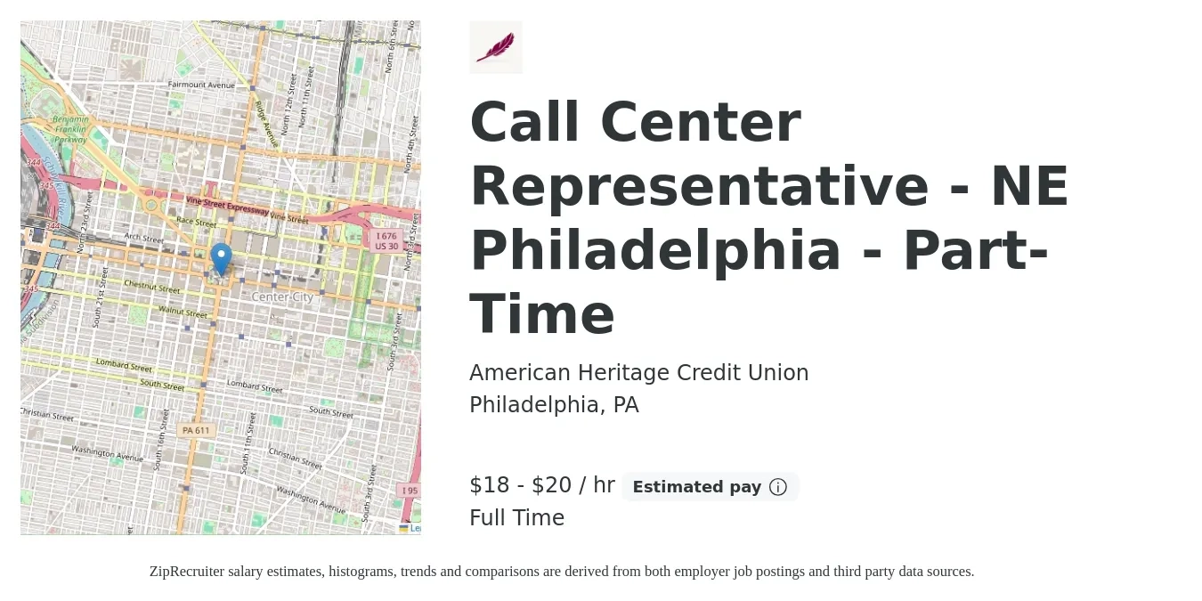 American Heritage Credit Union job posting for a Call Center Representative - NE Philadelphia - Part-Time in Philadelphia, PA with a salary of $19 to $21 Hourly with a map of Philadelphia location.