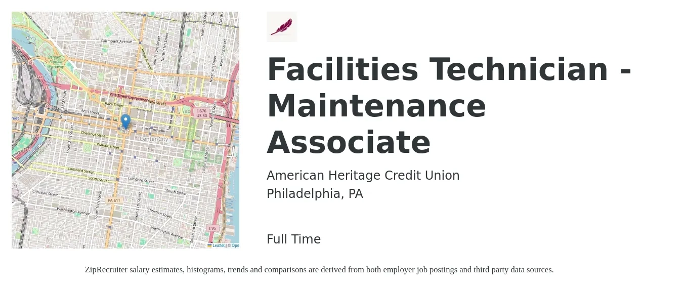 American Heritage Credit Union job posting for a Facilities Technician (Maintenance Associate) in Philadelphia, PA with a salary of $19 to $26 Hourly with a map of Philadelphia location.