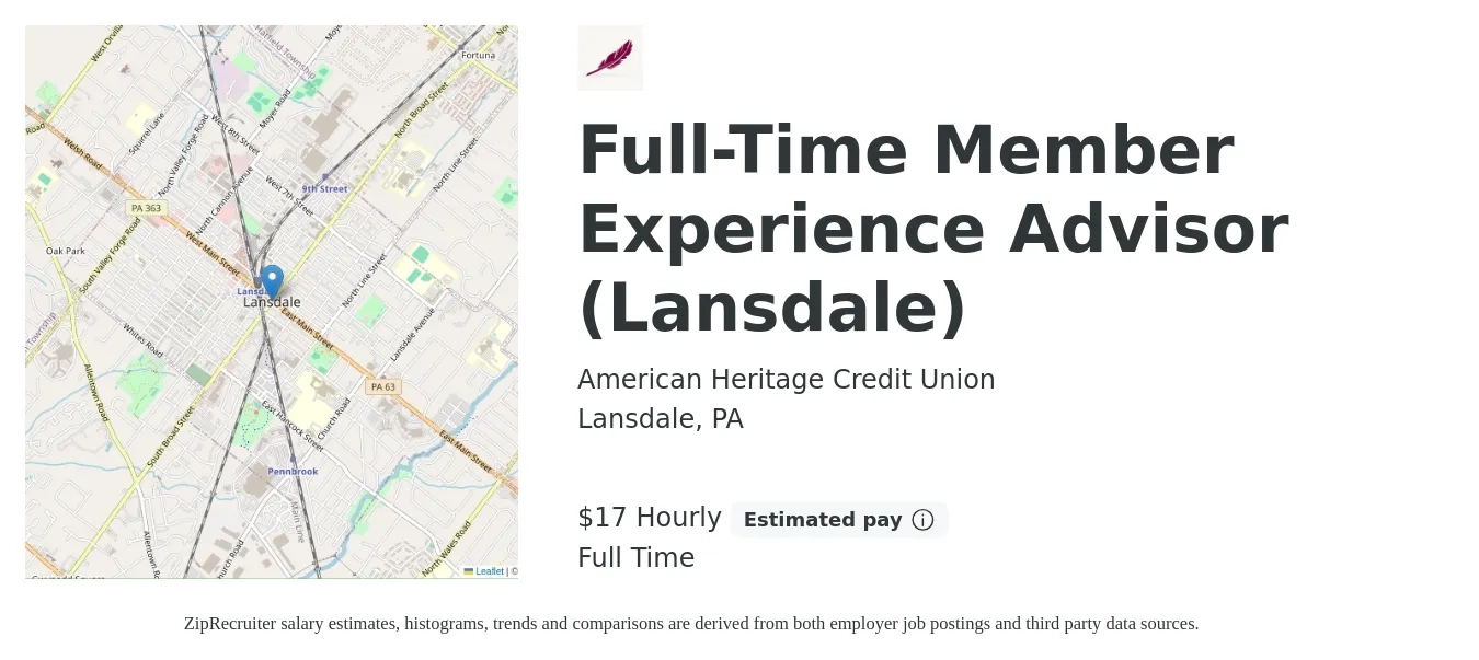 American Heritage Credit Union job posting for a Full-Time Member Experience Advisor (Lansdale) in Lansdale, PA with a salary of $16 to $20 Hourly with a map of Lansdale location.