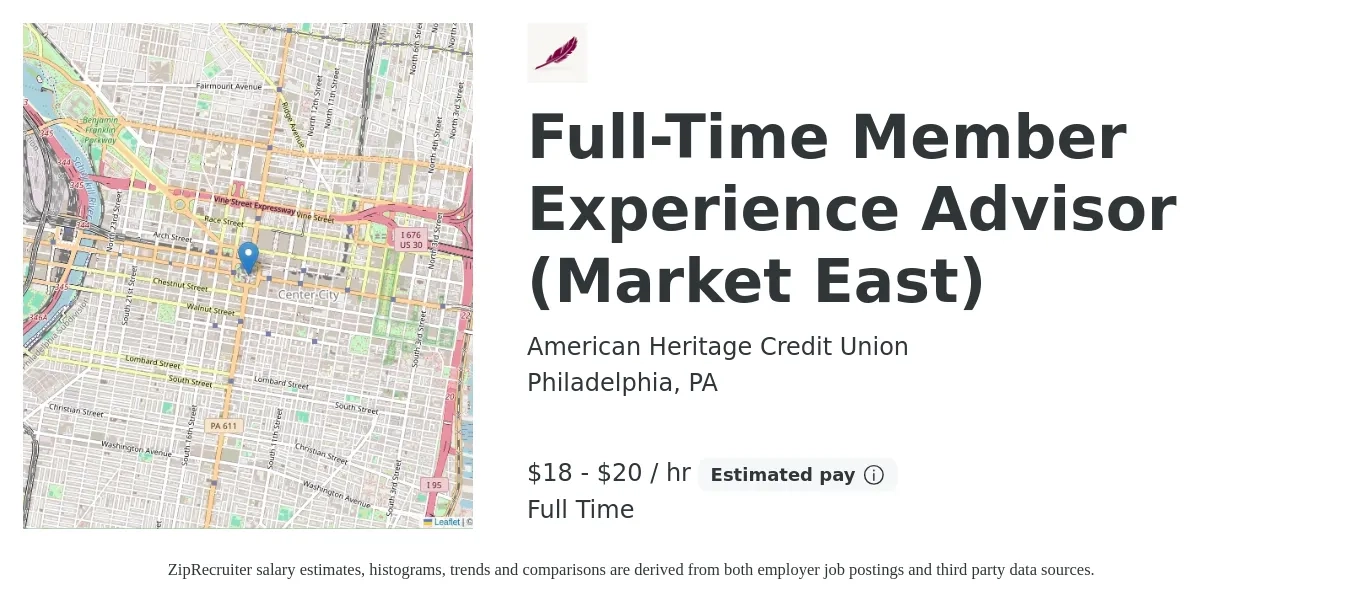 American Heritage Credit Union job posting for a Full-Time Member Experience Advisor (Market East) in Philadelphia, PA with a salary of $19 to $21 Hourly with a map of Philadelphia location.
