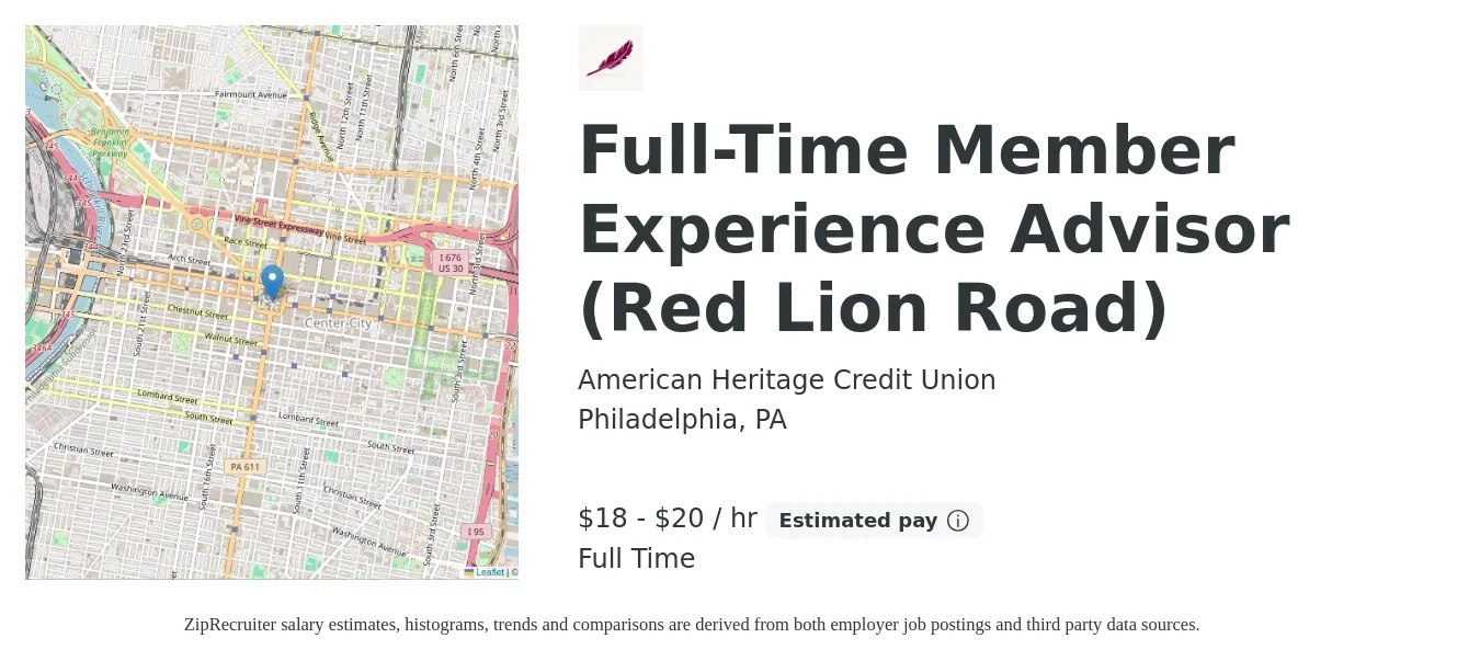 American Heritage Credit Union job posting for a Full-Time Member Experience Advisor (Red Lion Road) in Philadelphia, PA with a salary of $19 to $21 Hourly with a map of Philadelphia location.