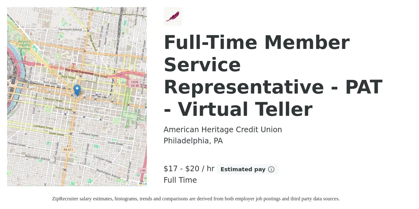 American Heritage Credit Union job posting for a Full-Time Member Service Representative - PAT - Virtual Teller in Philadelphia, PA with a salary of $18 to $21 Hourly with a map of Philadelphia location.
